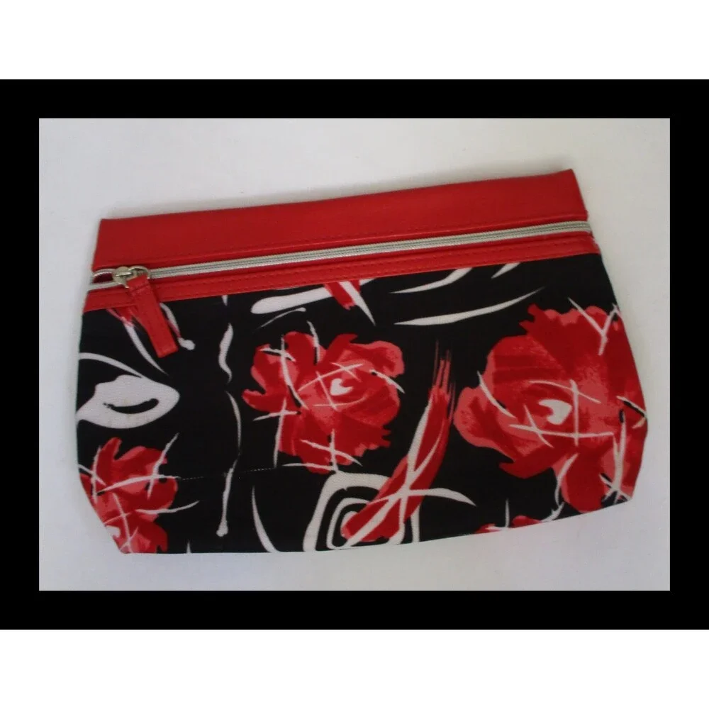 Lancome Red Black White Flower Cosmetic Makeup Travel Bag Clutch